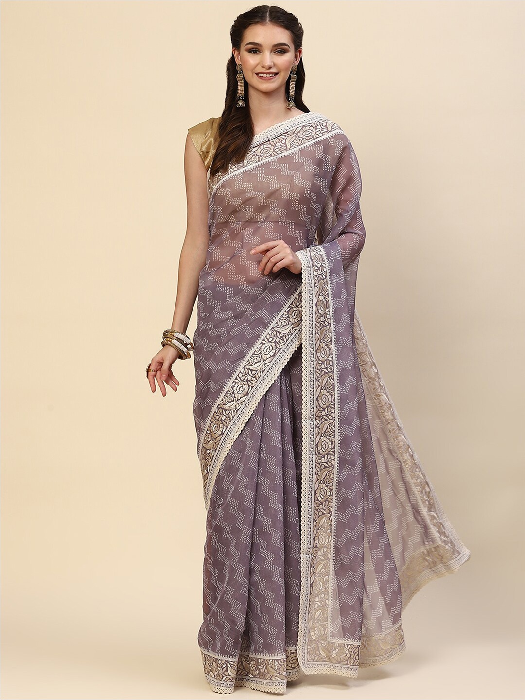 

Meena Bazaar Purple & Gold-Toned Leheriya Embroidered Organza Saree