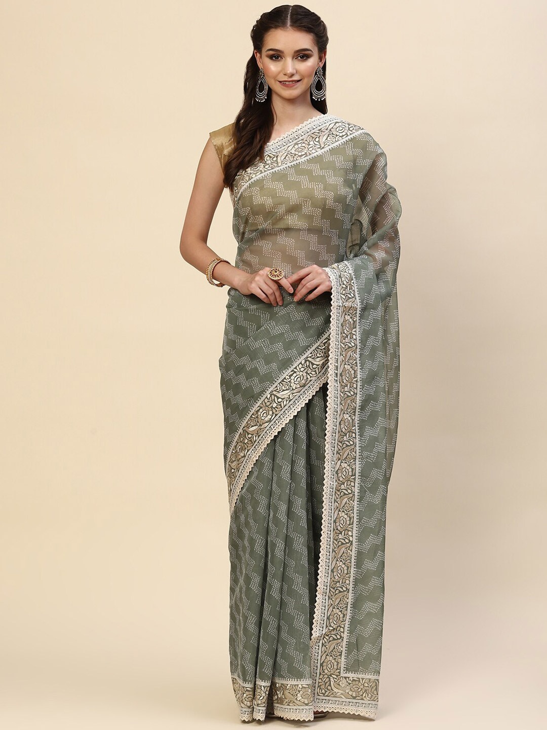 

Meena Bazaar Green & White Woven Design Organza Saree