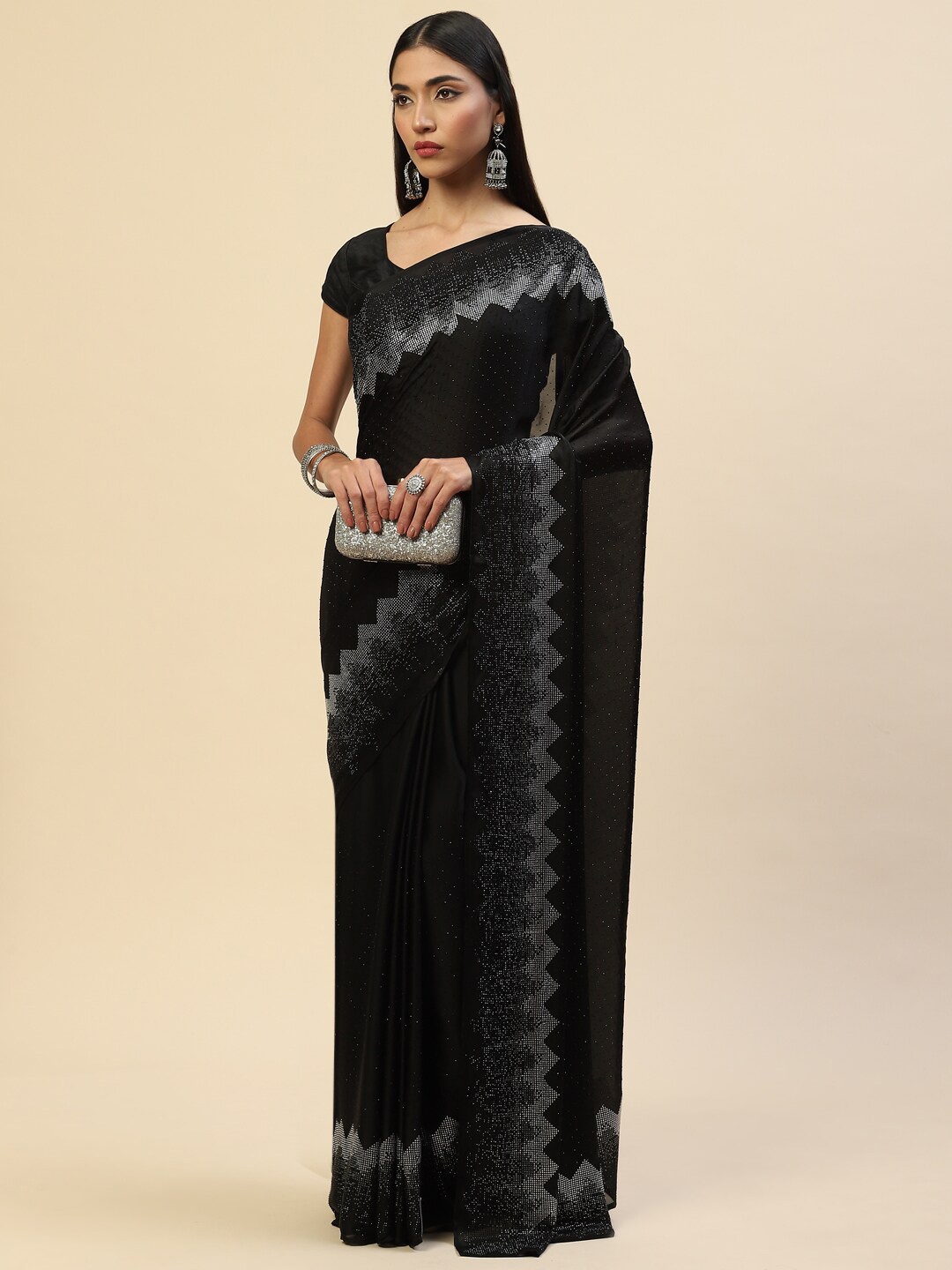 

Meena Bazaar Black & Silver-Toned Embellished Beads and Stones Satin Saree