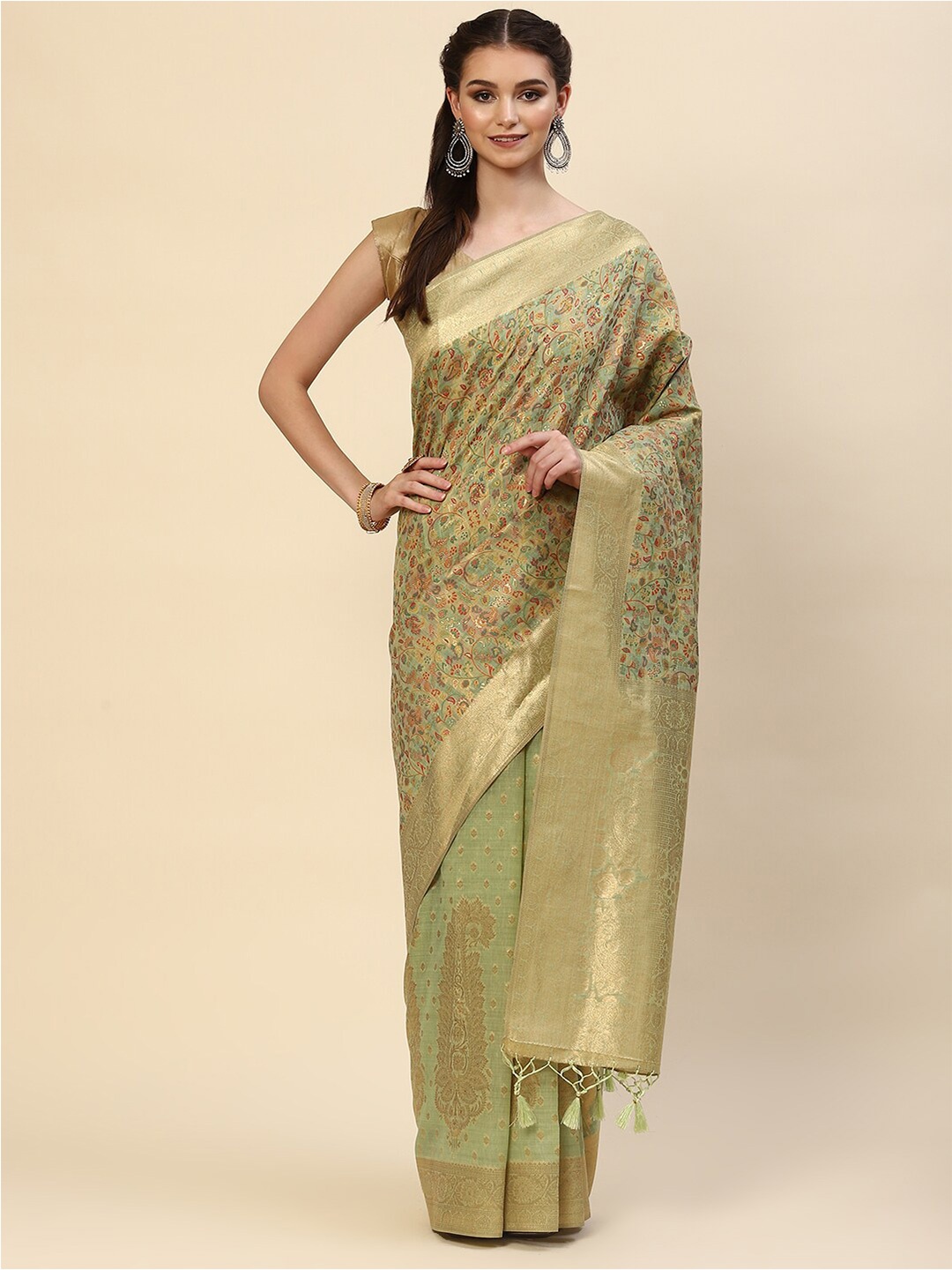 

Meena Bazaar Green & Gold-Toned Ethnic Motifs Zari Art Silk Saree