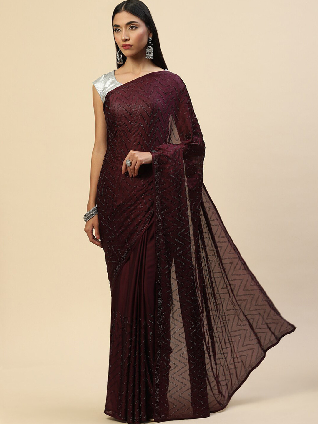 

Meena Bazaar Burgundy Embellished Satin Saree