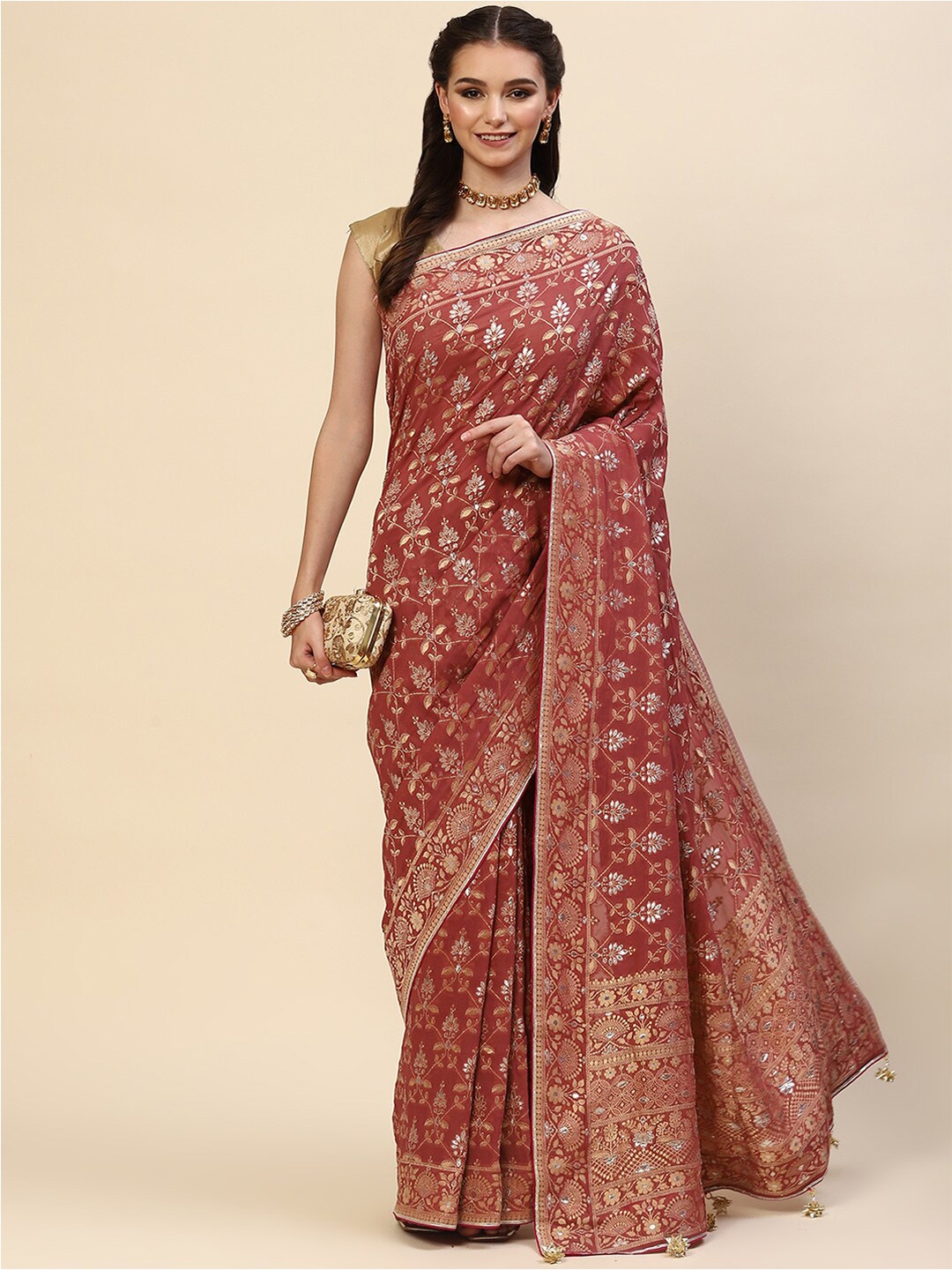 

Meena Bazaar Rust & Gold-Toned Woven Design Zari Saree