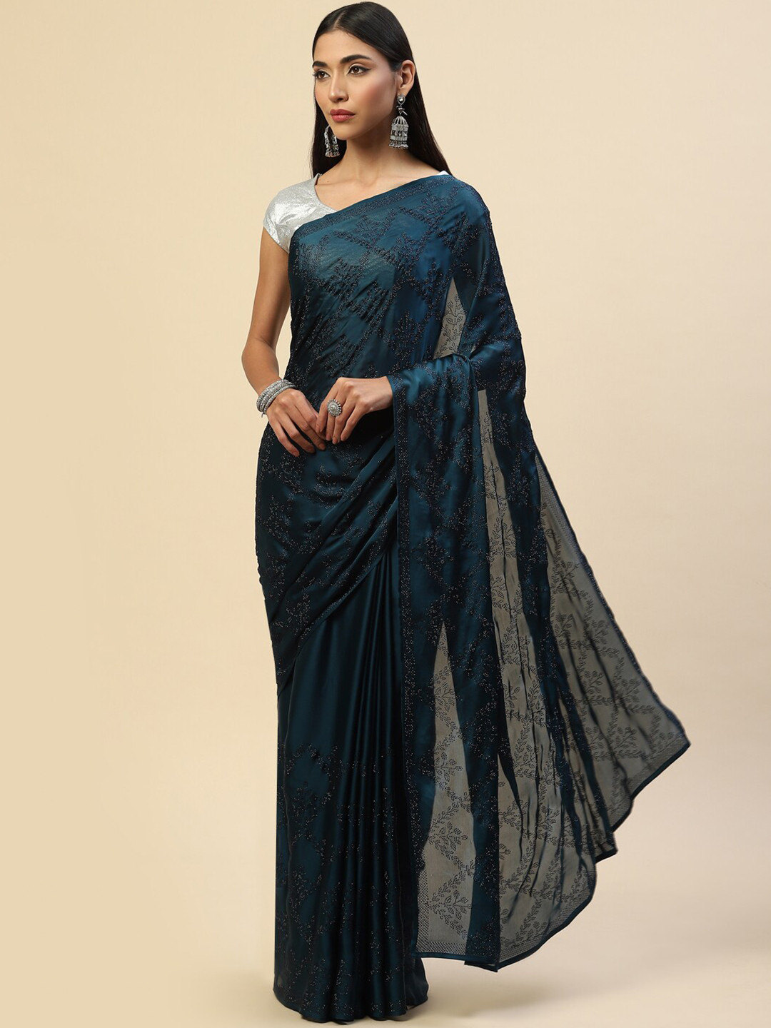 

Meena Bazaar Navy Blue Satin Saree