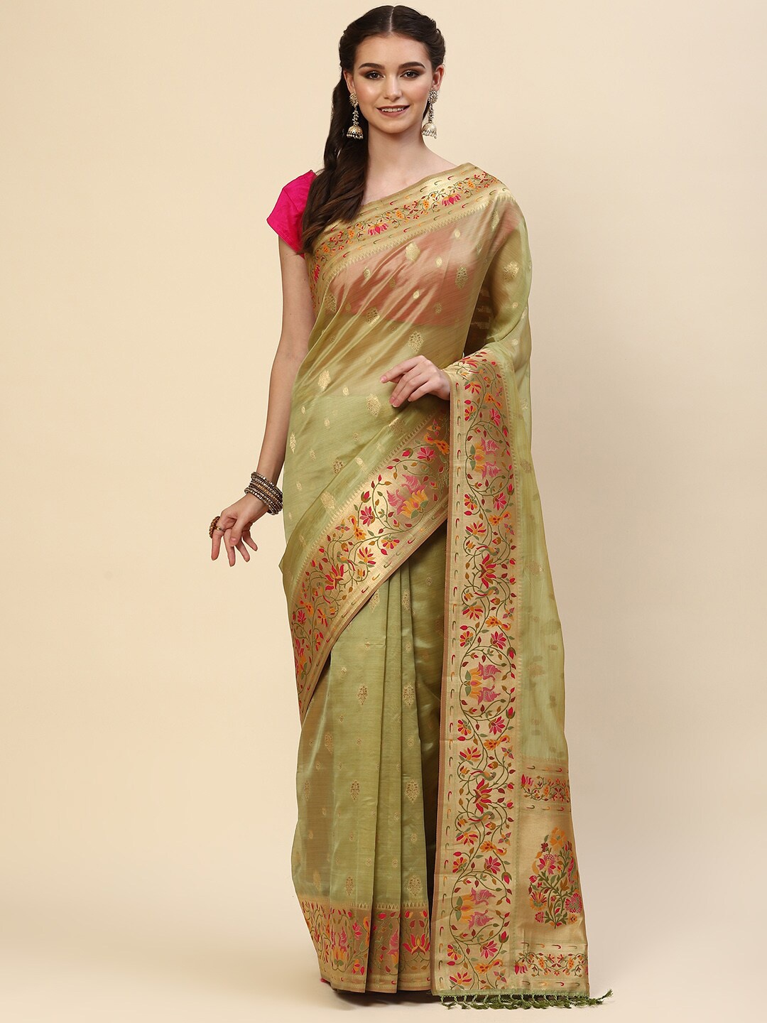 

Meena Bazaar Green & Gold-Toned Woven Design Zari Art Silk Saree