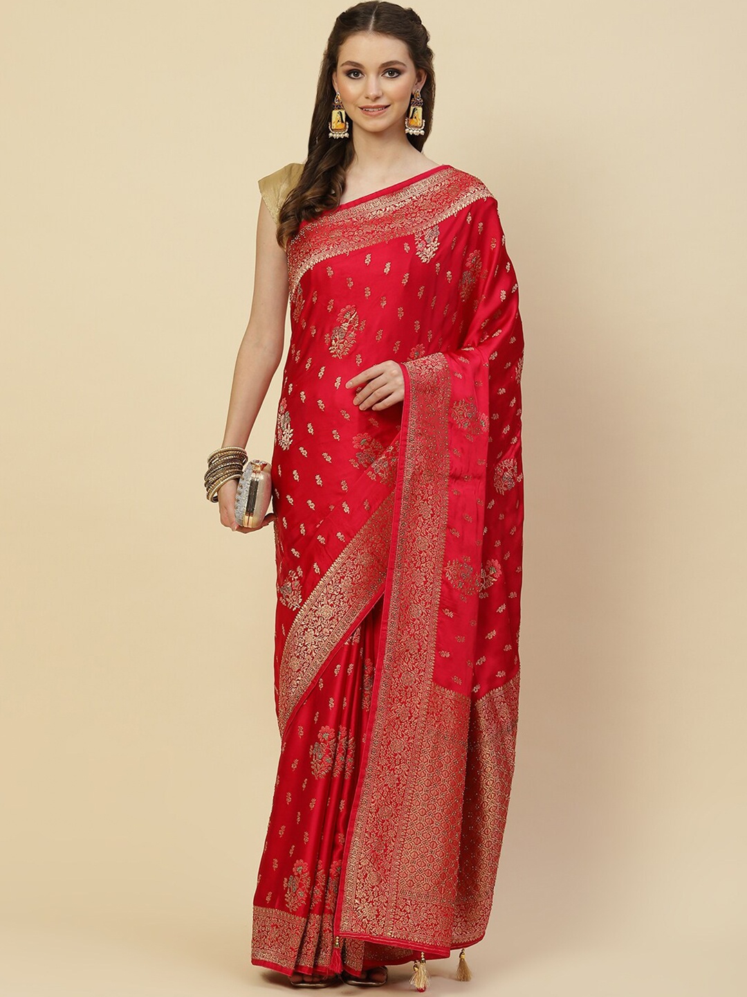 

Meena Bazaar Pink & Gold-Toned Ethnic Motifs Zari Satin Saree
