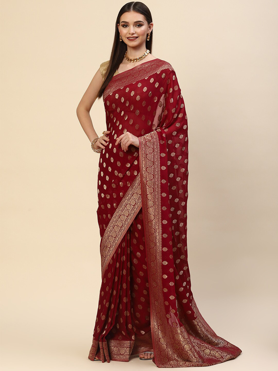 

Meena Bazaar Burgundy Woven Design Poly Georgette Saree