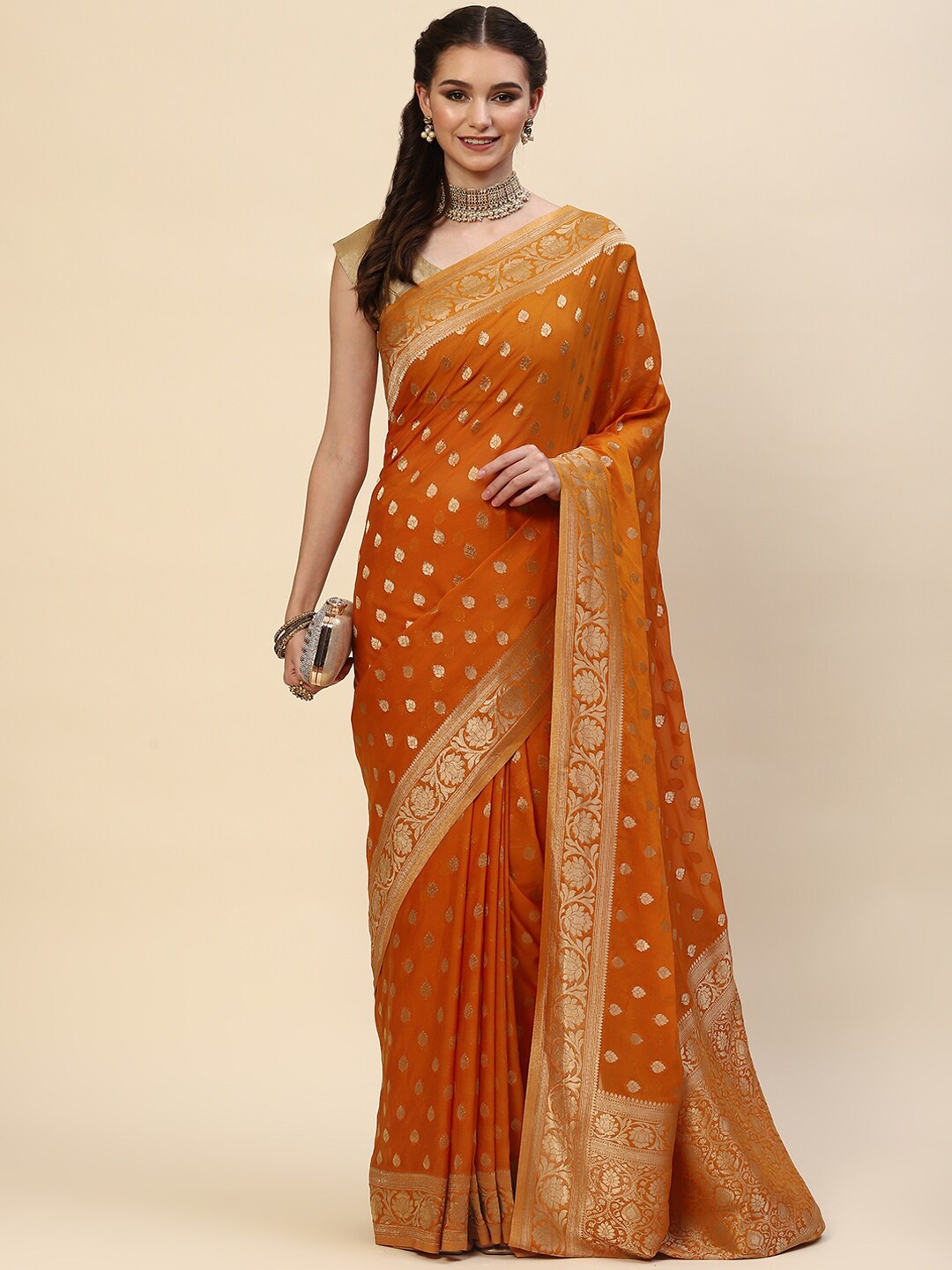 

Meena Bazaar Mustard & Gold-Toned Woven Design Zari Saree