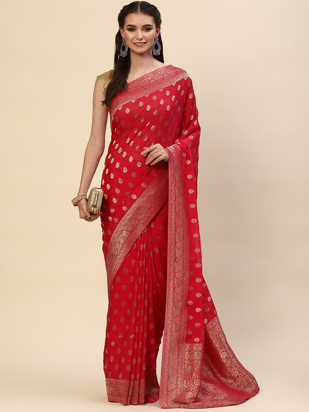 

Meena Bazaar Pink & Gold-Toned Ethnic Motifs Zari Saree