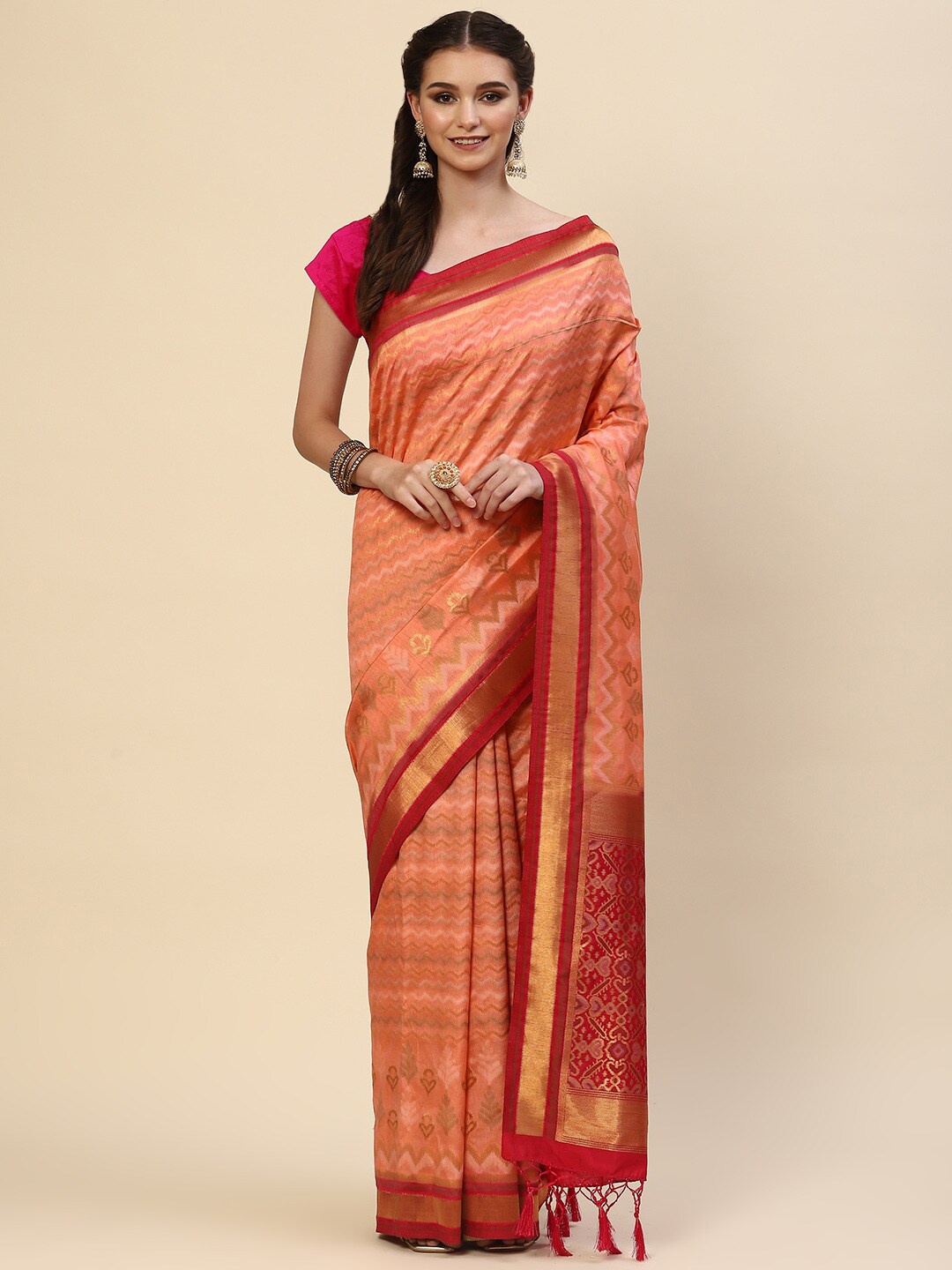 

Meena Bazaar Peach-Coloured & Pink Woven Design Zari Art Silk Saree
