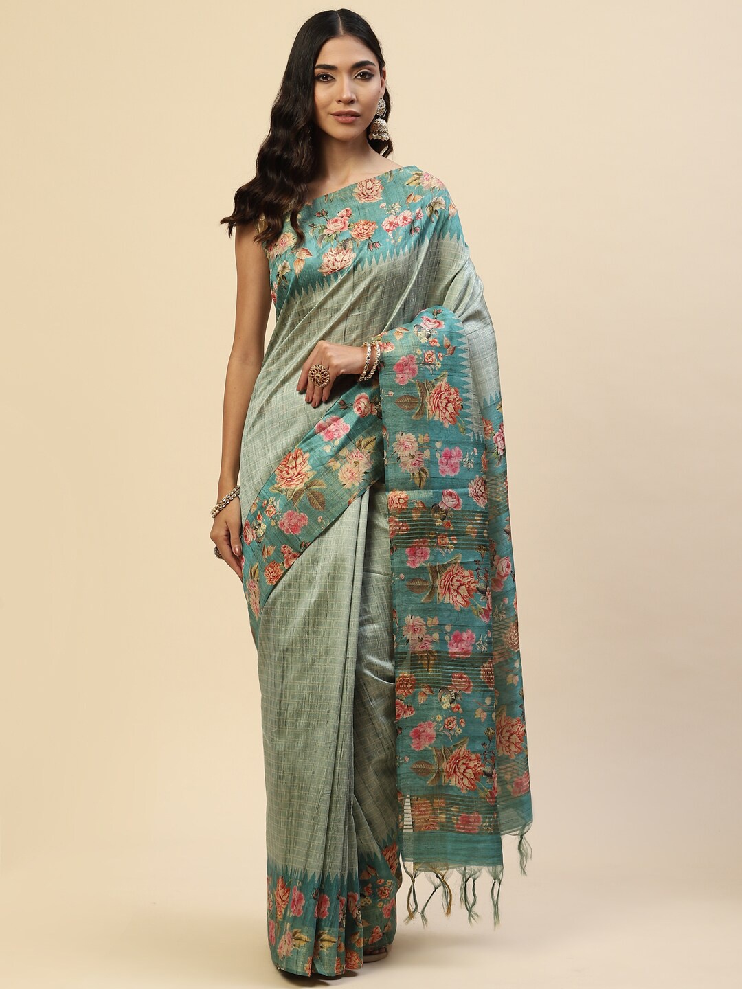 

Meena Bazaar Sea Green & Pink Floral Art Silk Tussar Saree