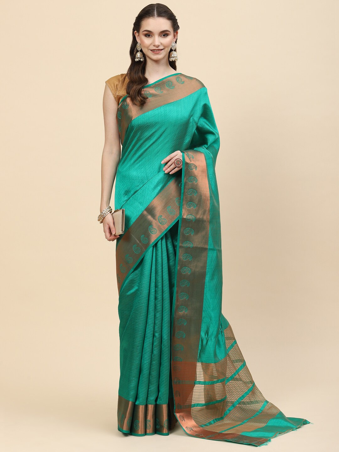 

Meena Bazaar Green & Gold-Toned Woven Design Zari Art Silk Saree