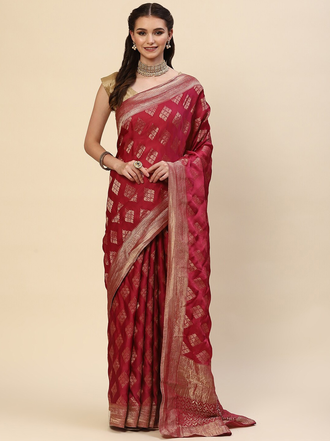 

Meena Bazaar Pink & Gold-Toned Ethnic Motifs Zari Organza Saree
