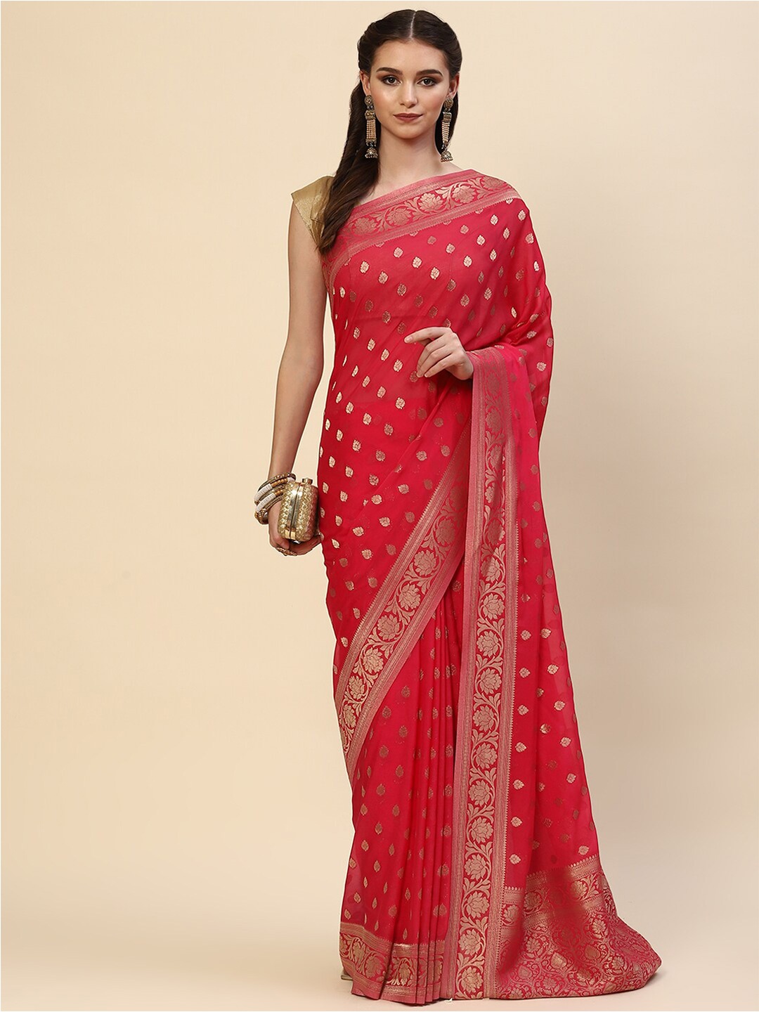 

Meena Bazaar Pink & Gold-Toned Woven Design Zari Saree