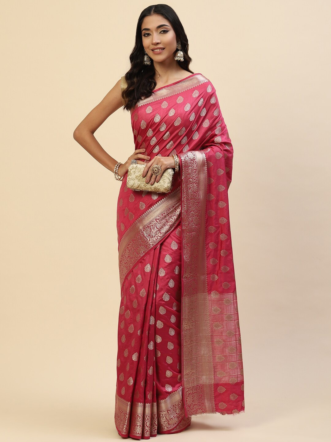 

Meena Bazaar Pink & Silver-Toned Woven Design Zari Art Silk Saree