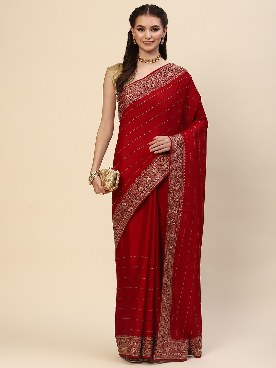 

Meena Bazaar Fuchsia & Silver-Toned Embellished Saree