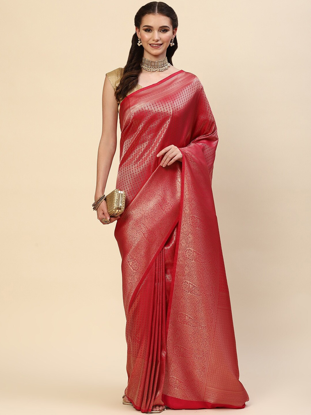 

Meena Bazaar Pink & Gold-Toned Ethnic Motifs Zari Art Silk Saree