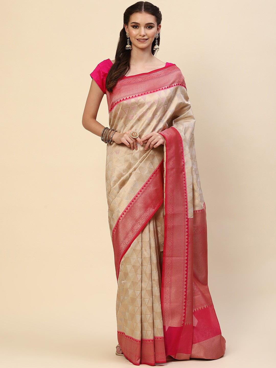 

Meena Bazaar Beige & Red Woven Design Zari Saree