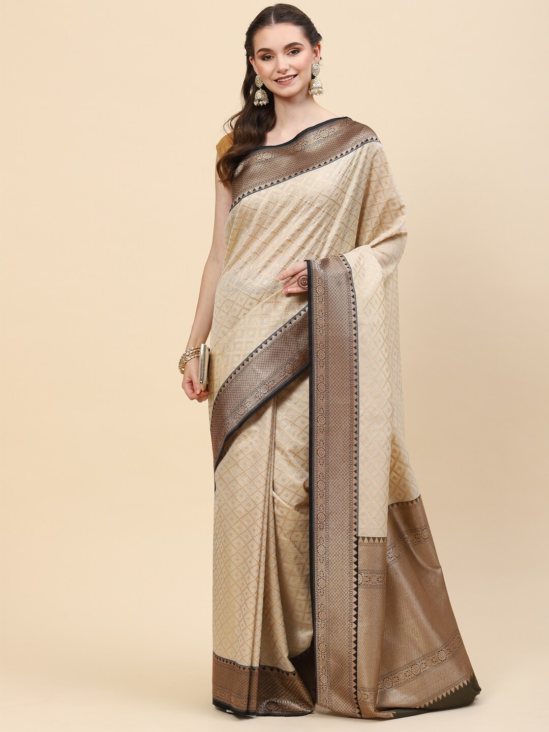 

Meena Bazaar Beige & Gold-Toned Woven Design Zari Saree