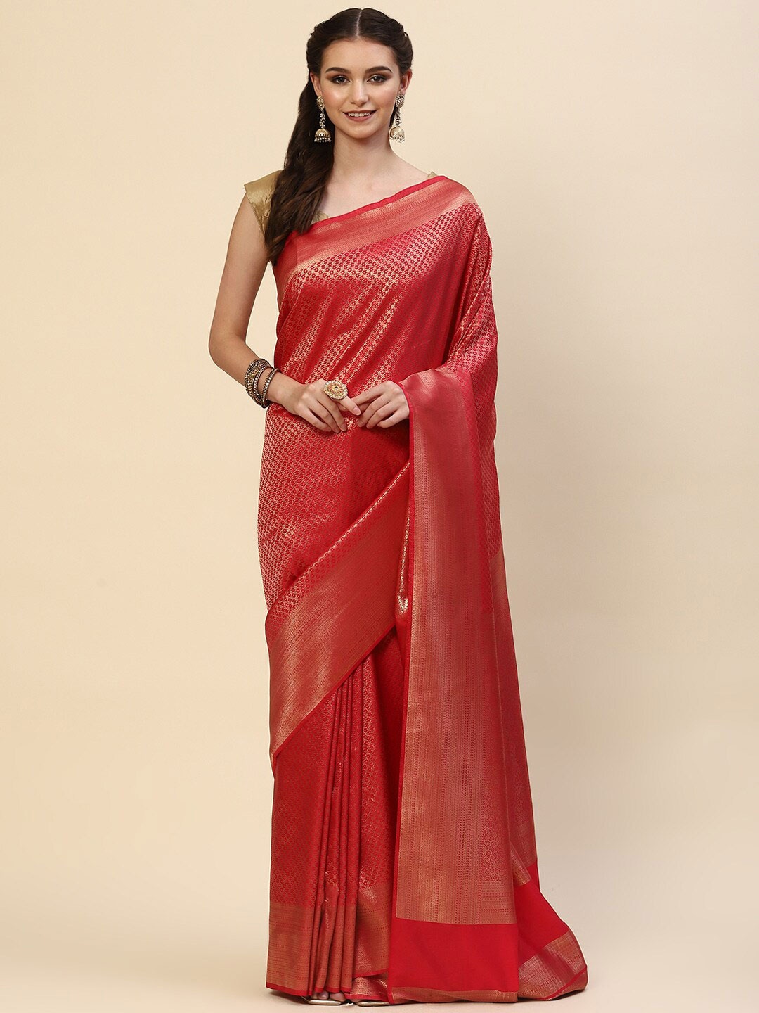 

Meena Bazaar Red & Gold-Toned Woven Design Zari Art Silk Saree