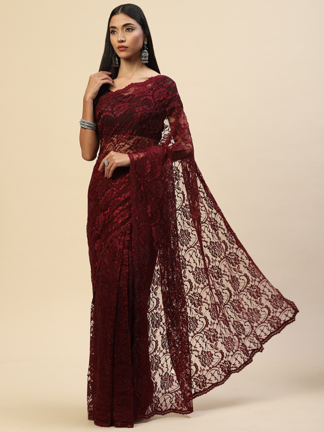 

Meena Bazaar Maroon Net Saree