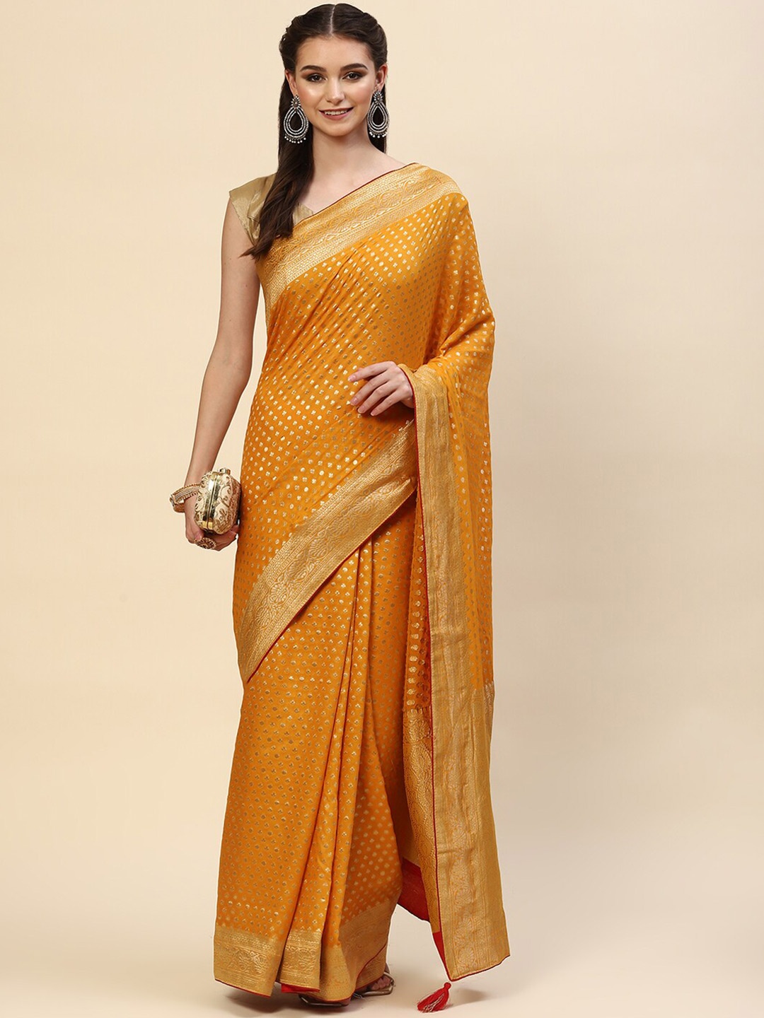 

Meena Bazaar Mustard & Gold-Toned Ethnic Motifs Zari Saree