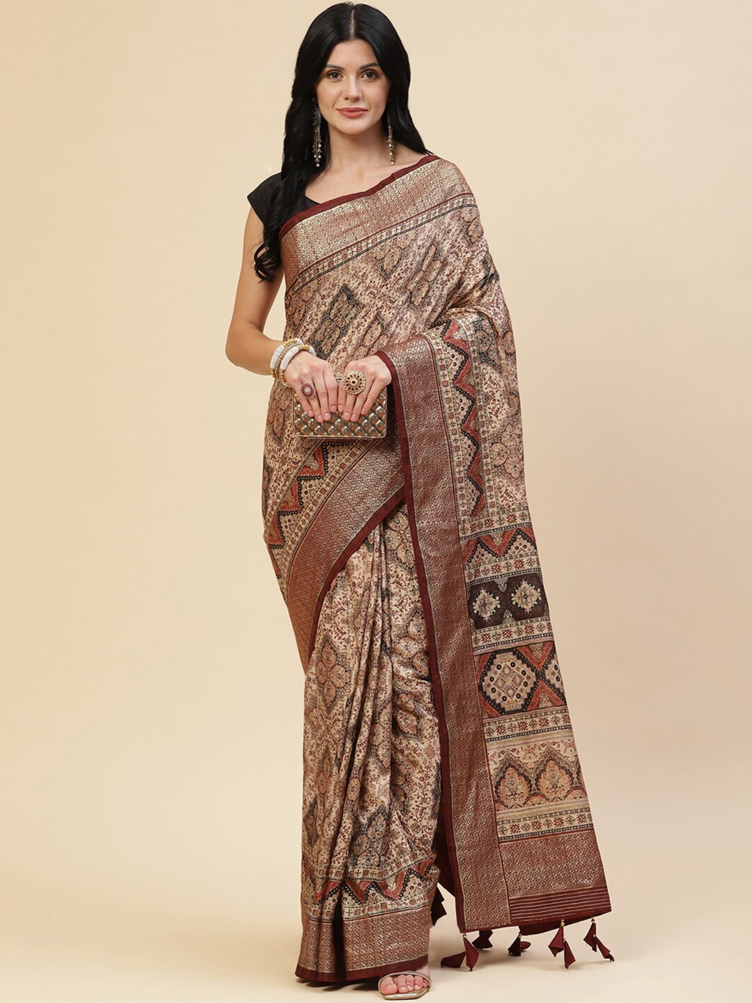 

Meena Bazaar Black & Beige Woven Design Art Silk Saree