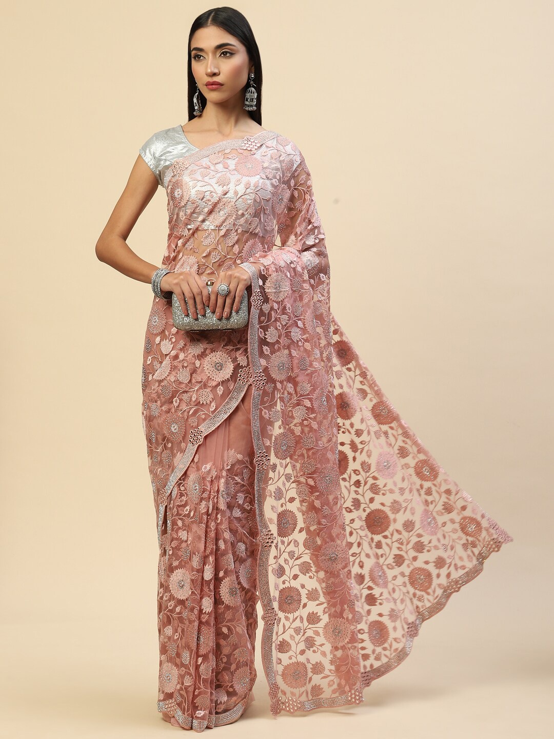 

Meena Bazaar Pink Floral Embroidered Net Saree