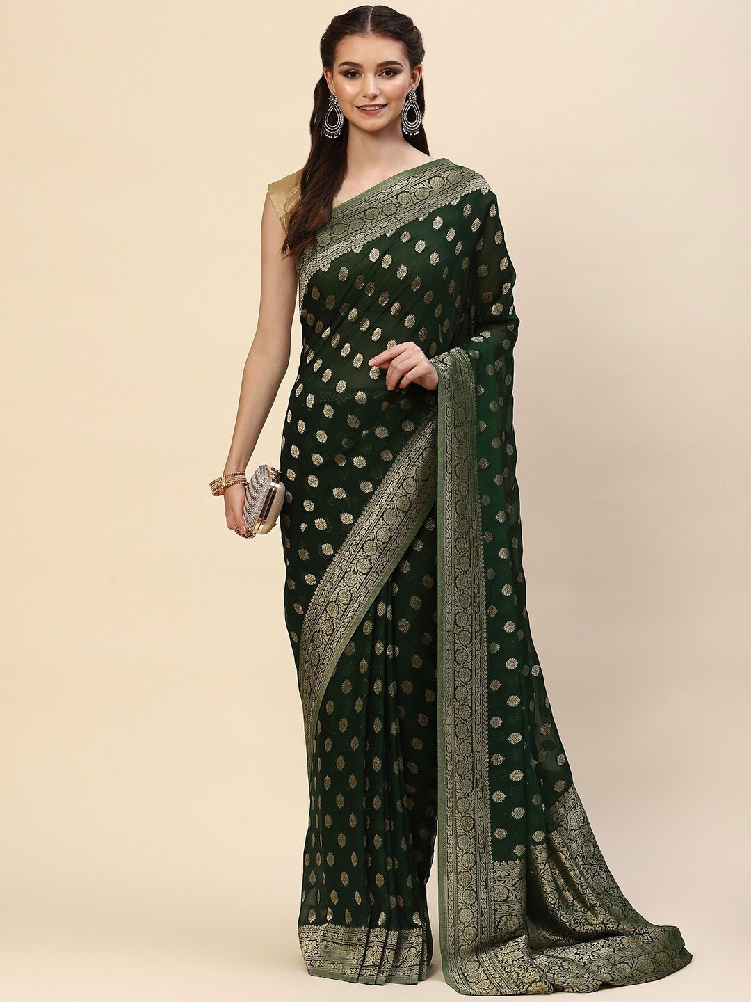 

Meena Bazaar Green & Gold-Toned Ethnic Motifs Zari Saree