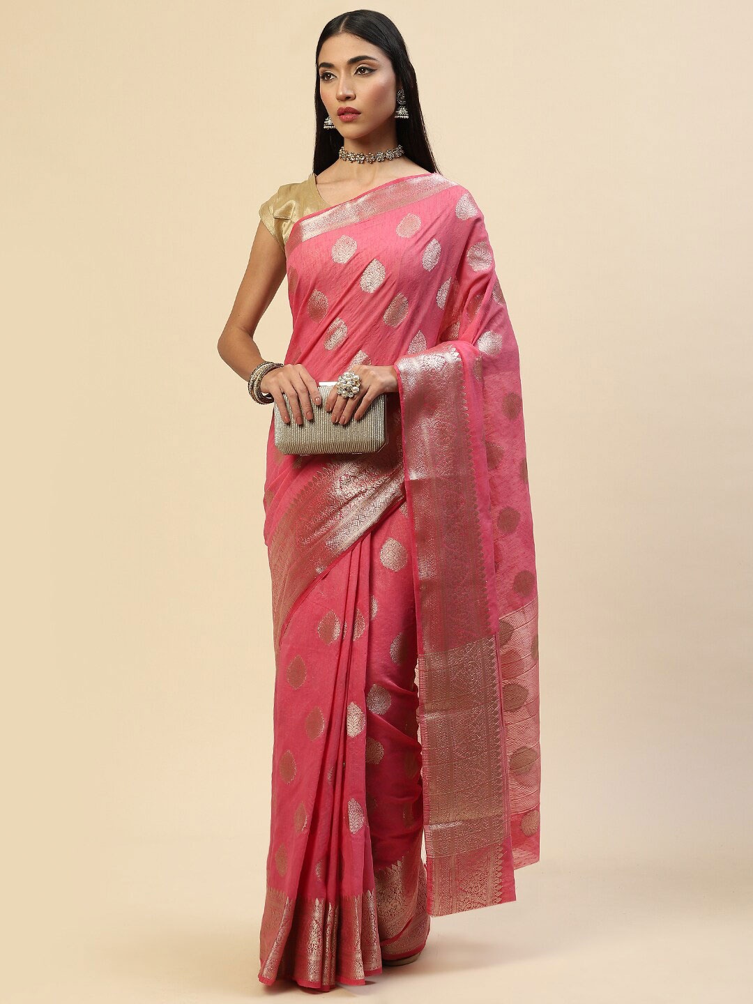 

Meena Bazaar Pink Woven Design Art Silk Saree