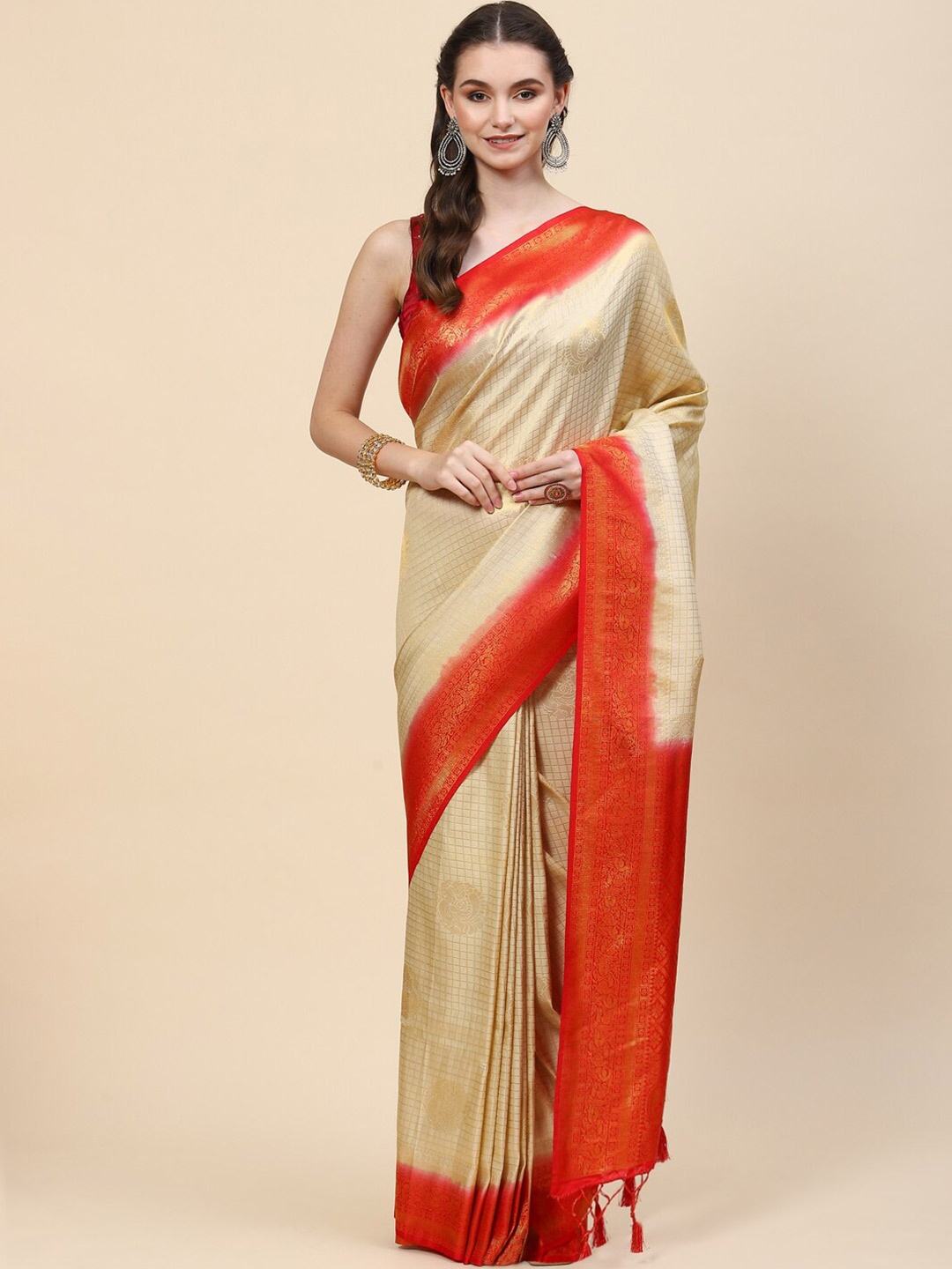 

Meena Bazaar Beige & Red Art Silk Saree