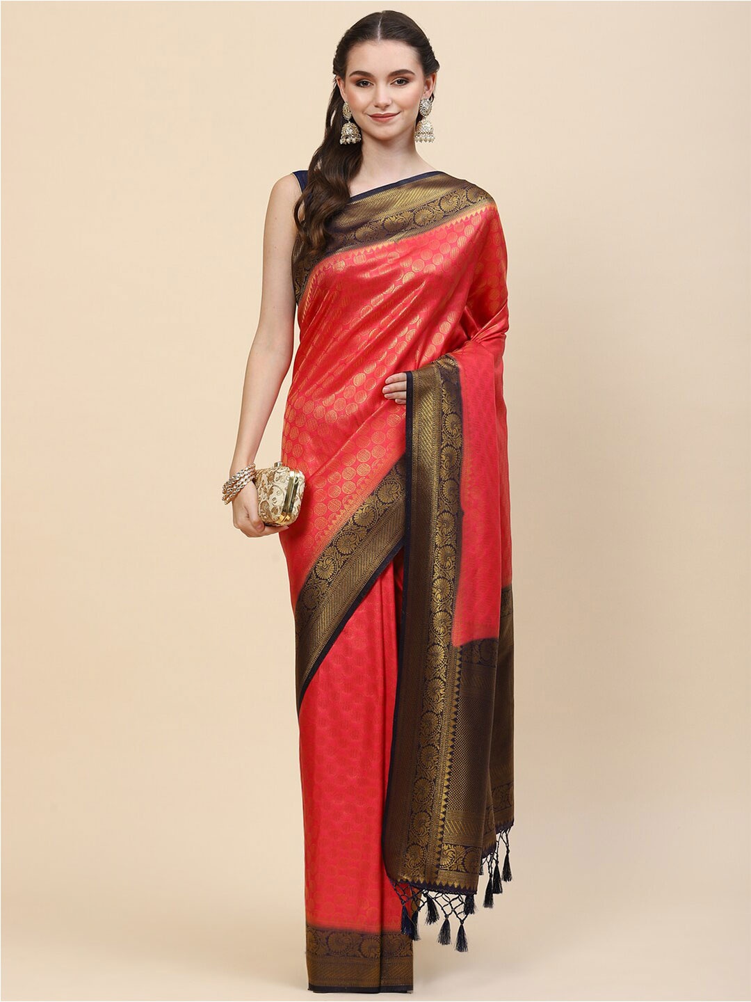 

Meena Bazaar Pink & Black Woven Design Art Silk Saree