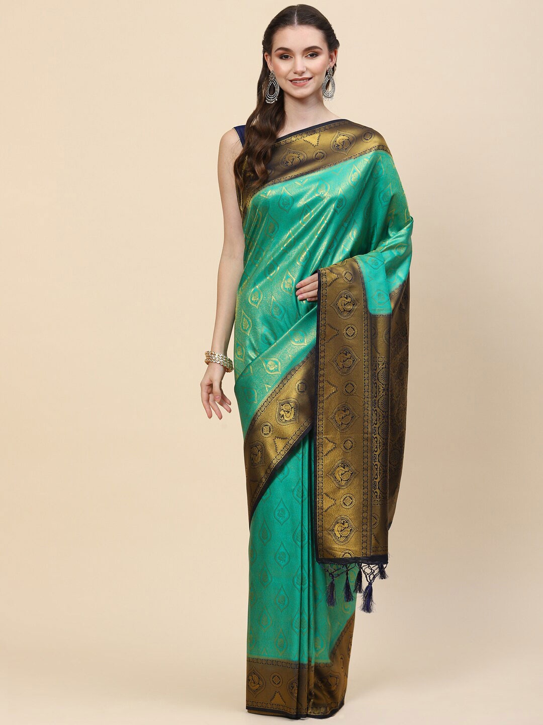 

Meena Bazaar Green & Navy Blue Ethnic Motifs Saree