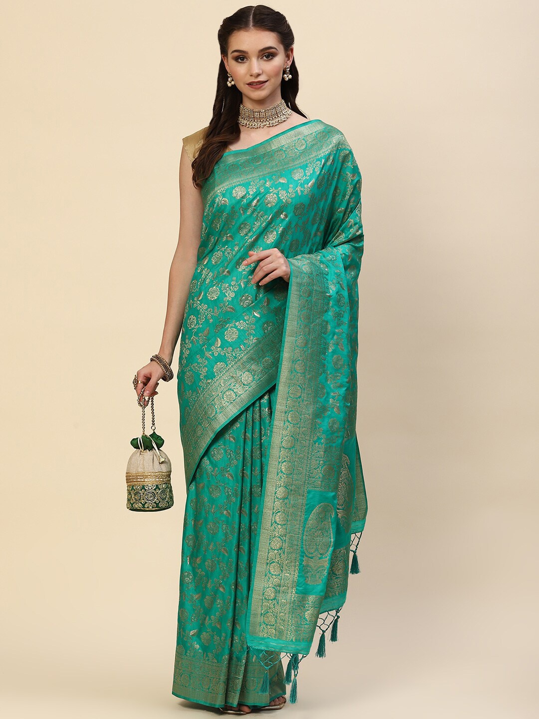 

Meena Bazaar Green & Gold-Toned Floral Zari Art Silk Saree