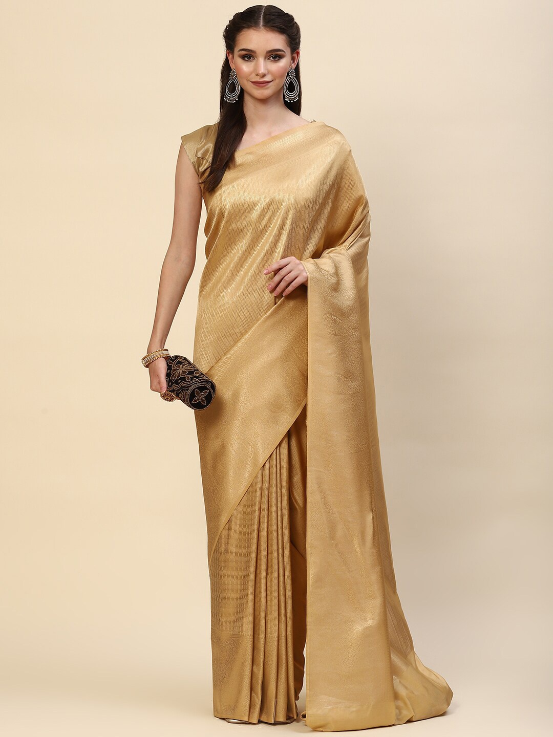 

Meena Bazaar Beige & Gold-Toned Ethnic Motifs Zari Saree