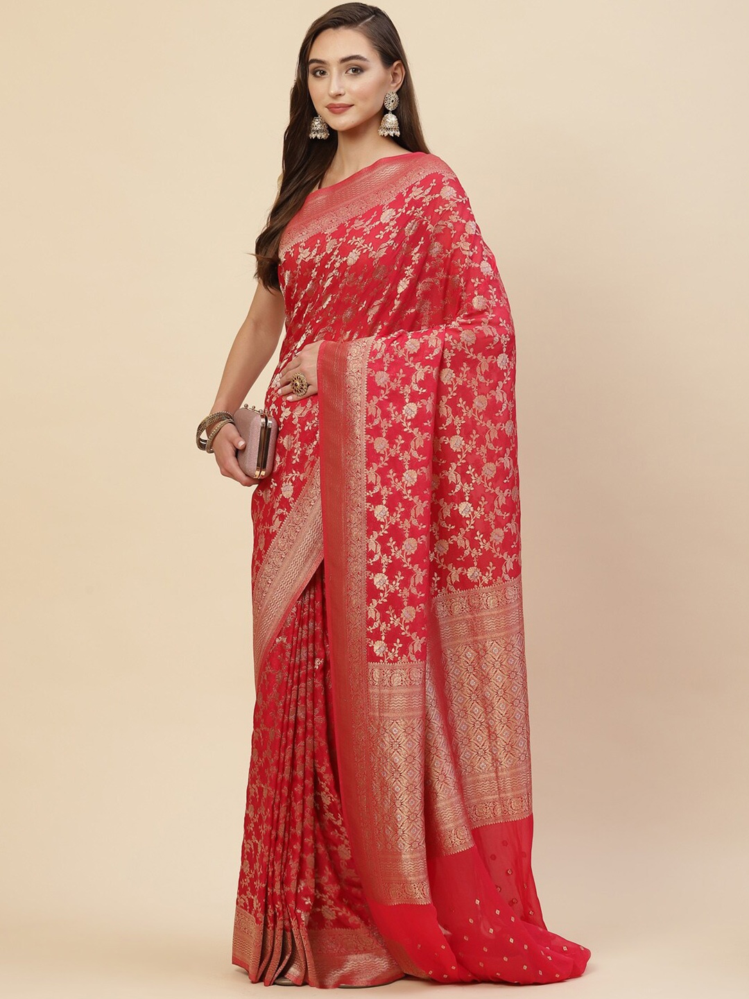 

Meena Bazaar Pink & Gold-Toned Ethnic Motifs Zari Saree