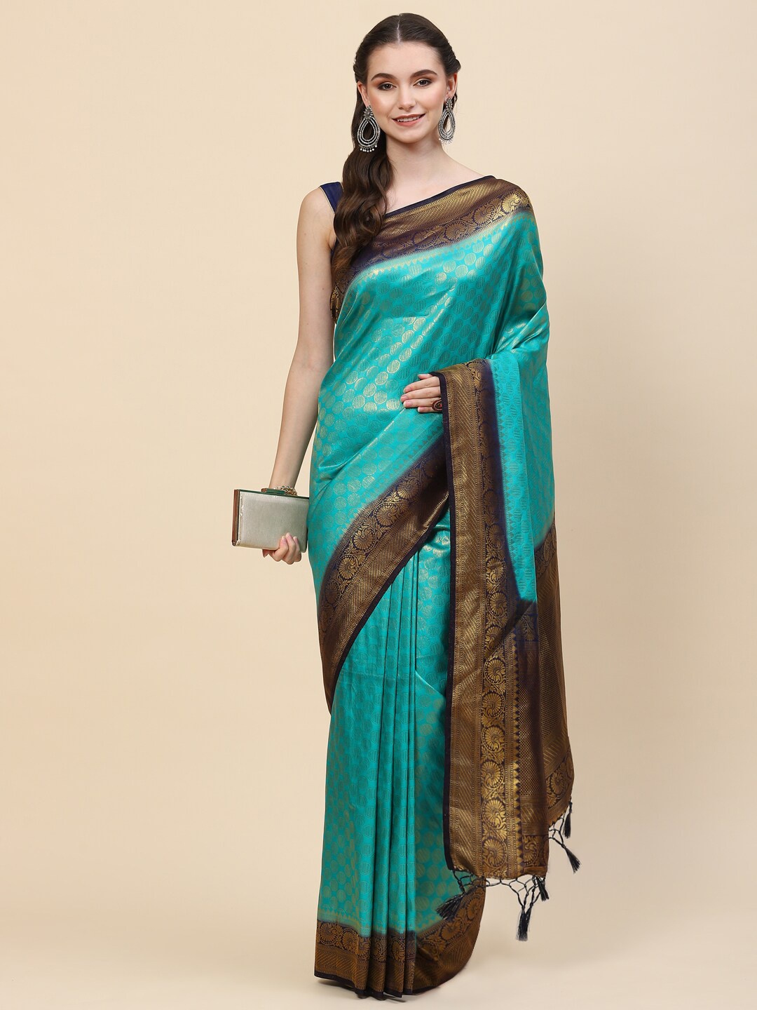 

Meena Bazaar Blue & Green Gold-Toned Woven Design Zari Art Silk Saree