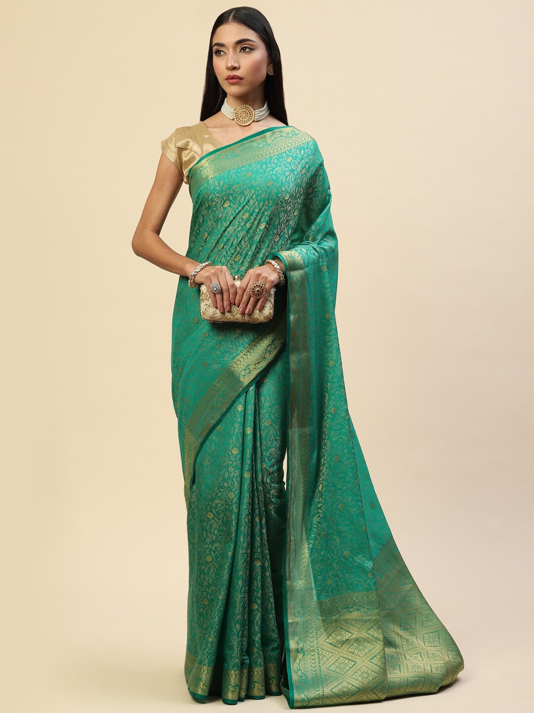 

Meena Bazaar Green & Gold-Toned Woven Design Zari Art Silk Saree