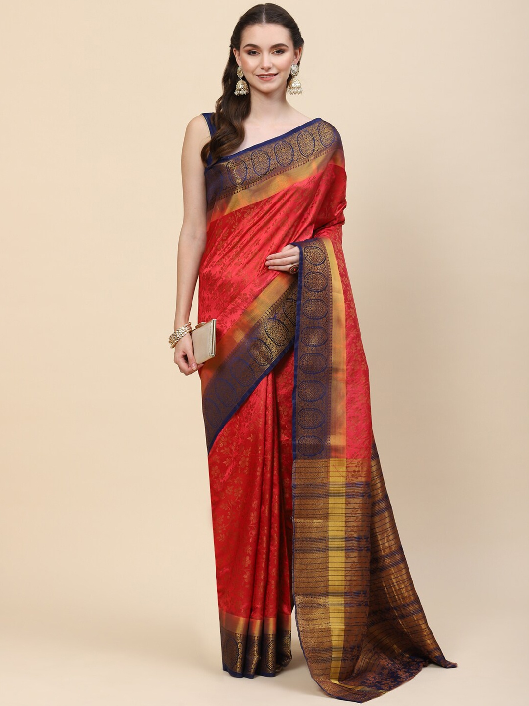 

Meena Bazaar Pink & Gold-Toned Woven Design Zari Art Silk Saree