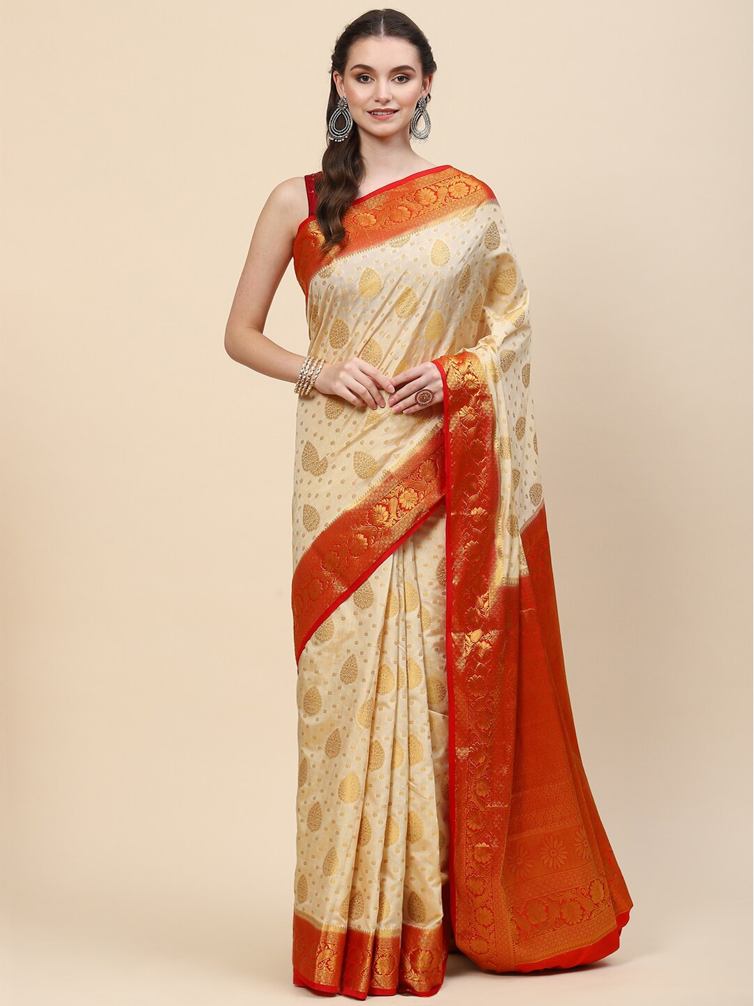 

Meena Bazaar Beige & Orange Woven Design Zari Art Silk Saree