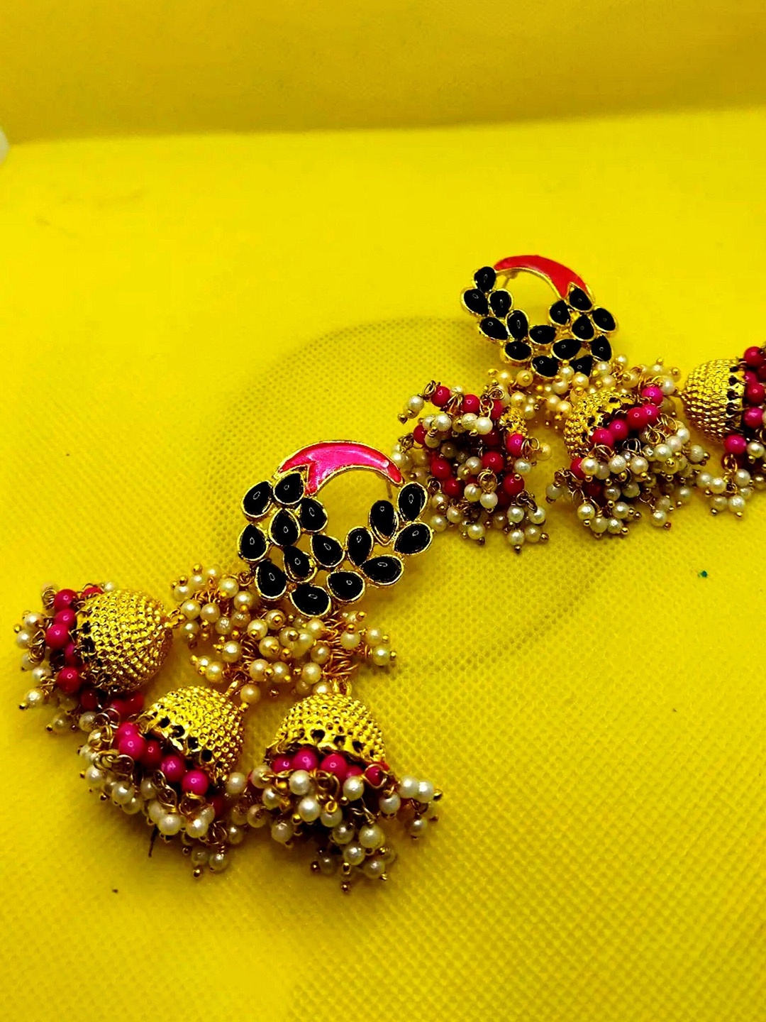 

Kshitij Jewels Fuchsia & Yellow Gold-Plated Circular Jhumkas Earrings