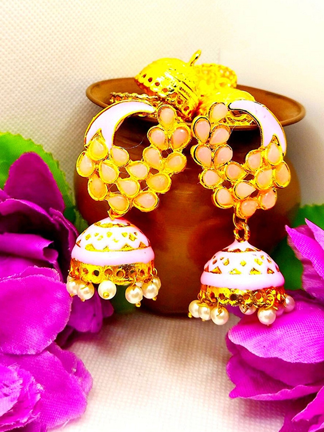 

Kshitij Jewels Pink & Gold-Toned Peacock Shaped Jhumkas Earrings