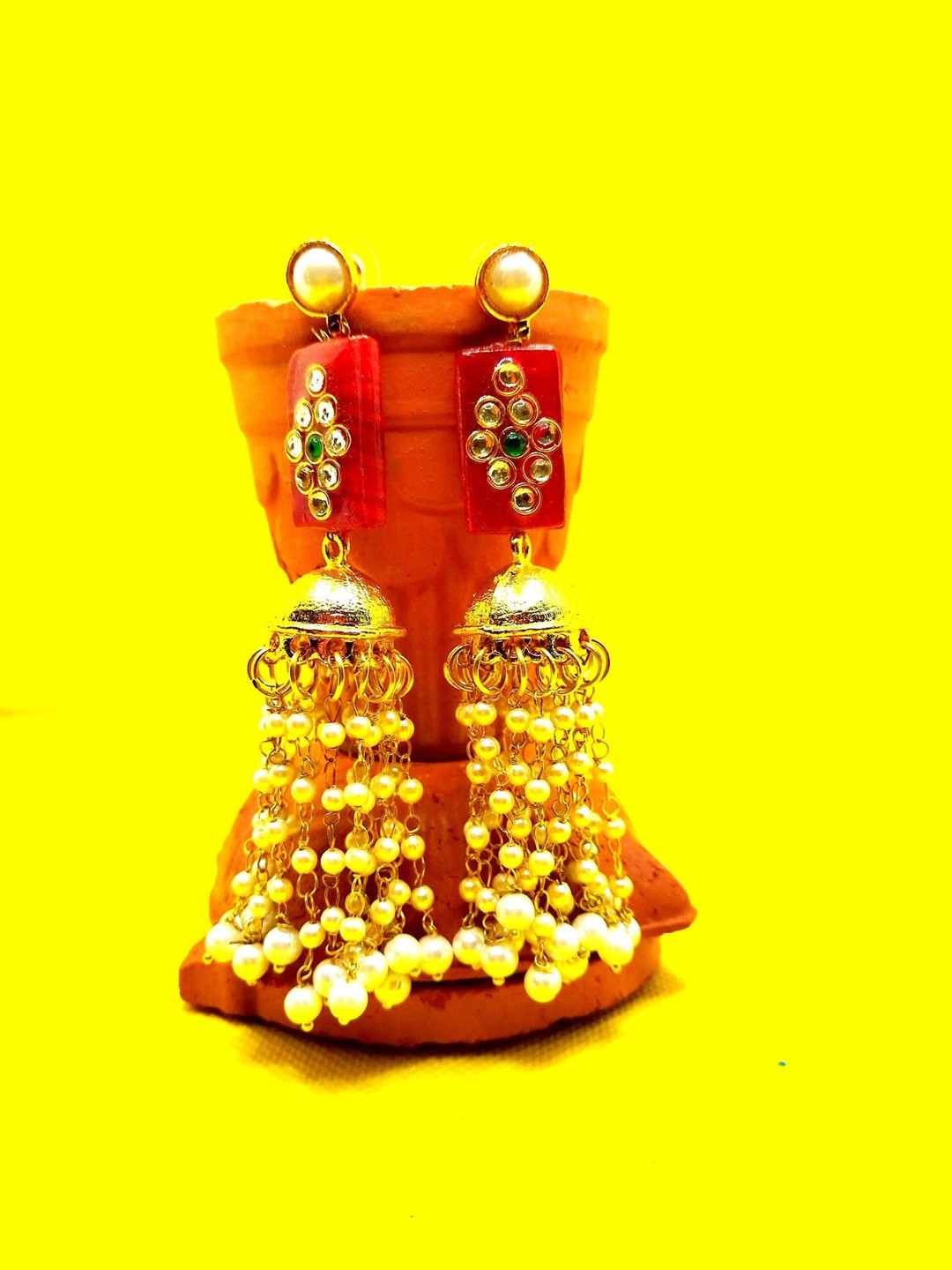 

Kshitij Jewels Maroon & Gold Plated Contemporary Jhumkas Earrings