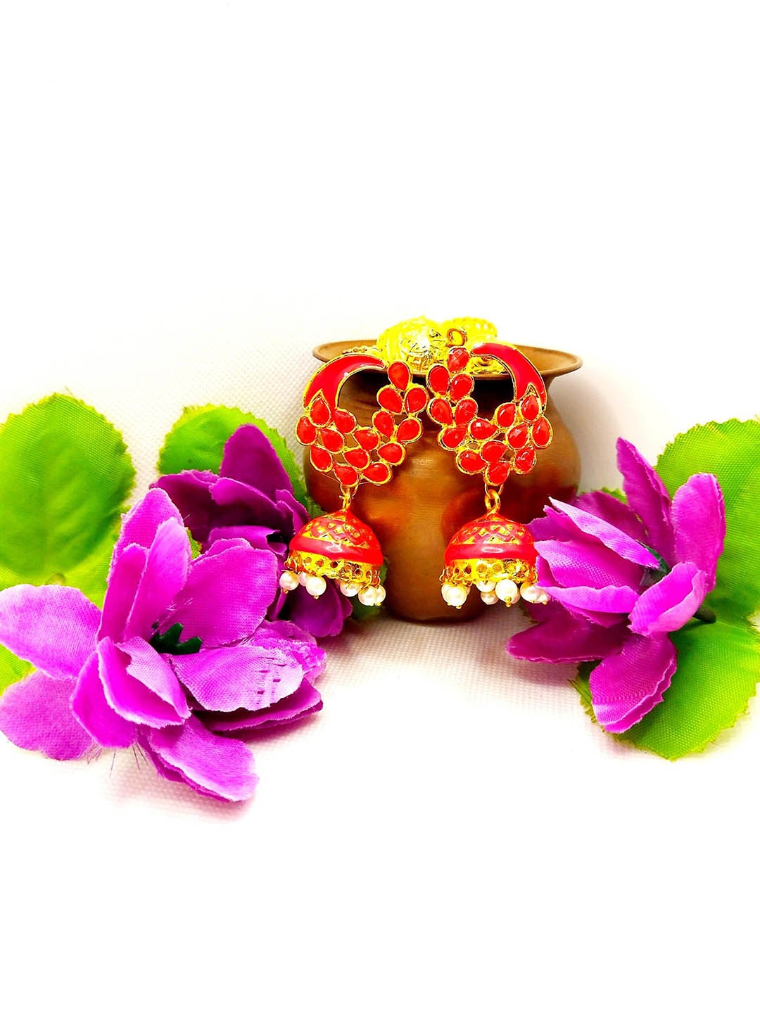 

Kshitij Jewels Women Gold-Toned & Orange Peacock Shaped Jhumkas Earrings