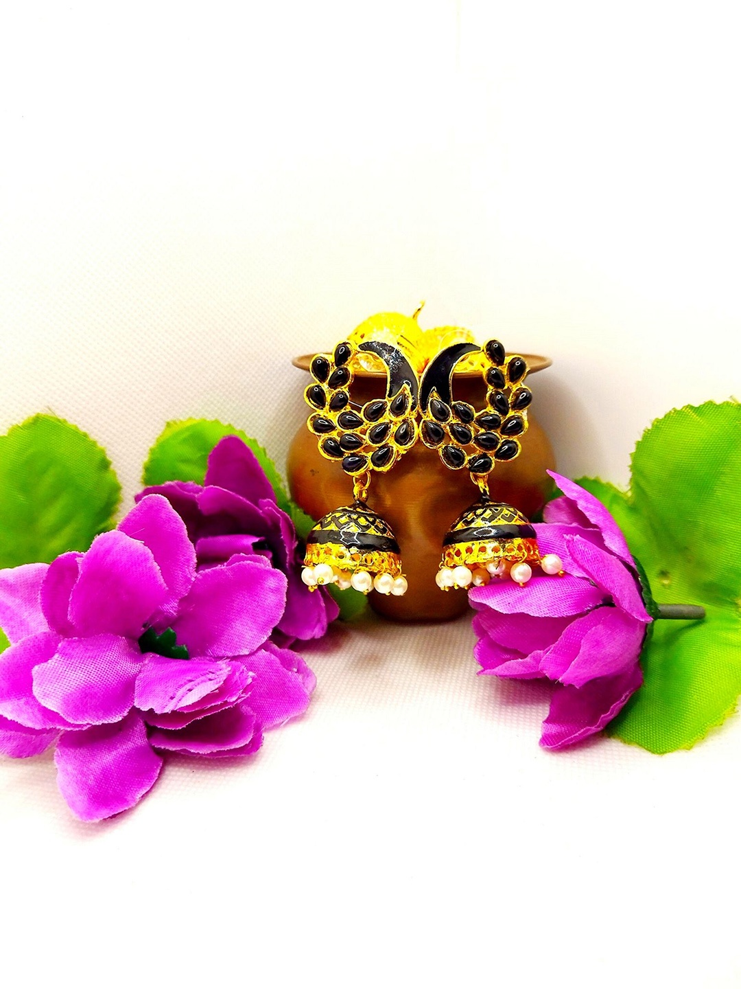 

Kshitij Jewels Black & Gold-Plated Peacock Shaped Jhumkas Earrings