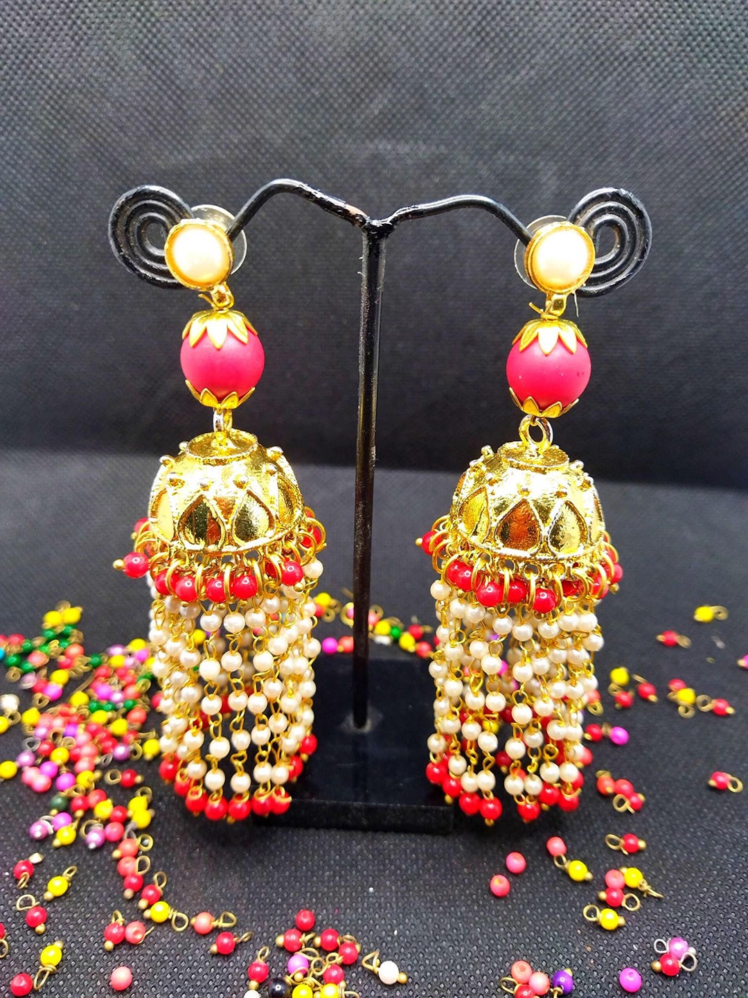 

Kshitij Jewels Red Contemporary Beaded Jhumkas Earrings