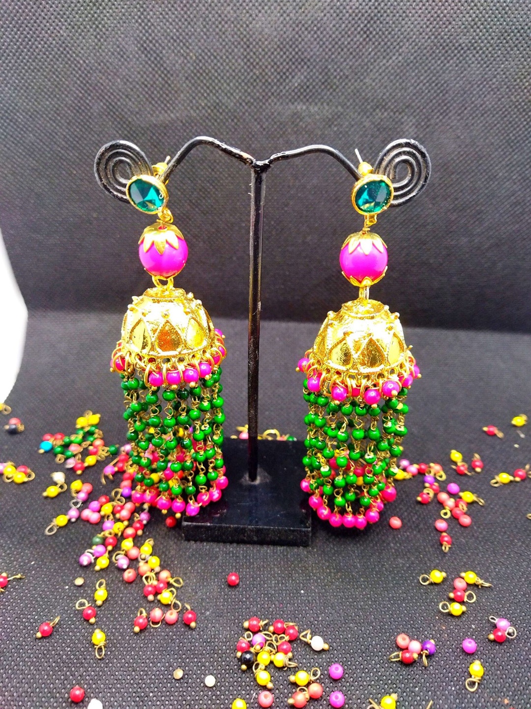 

Kshitij Jewels Green & Pink Circular Jhumkas Earrings