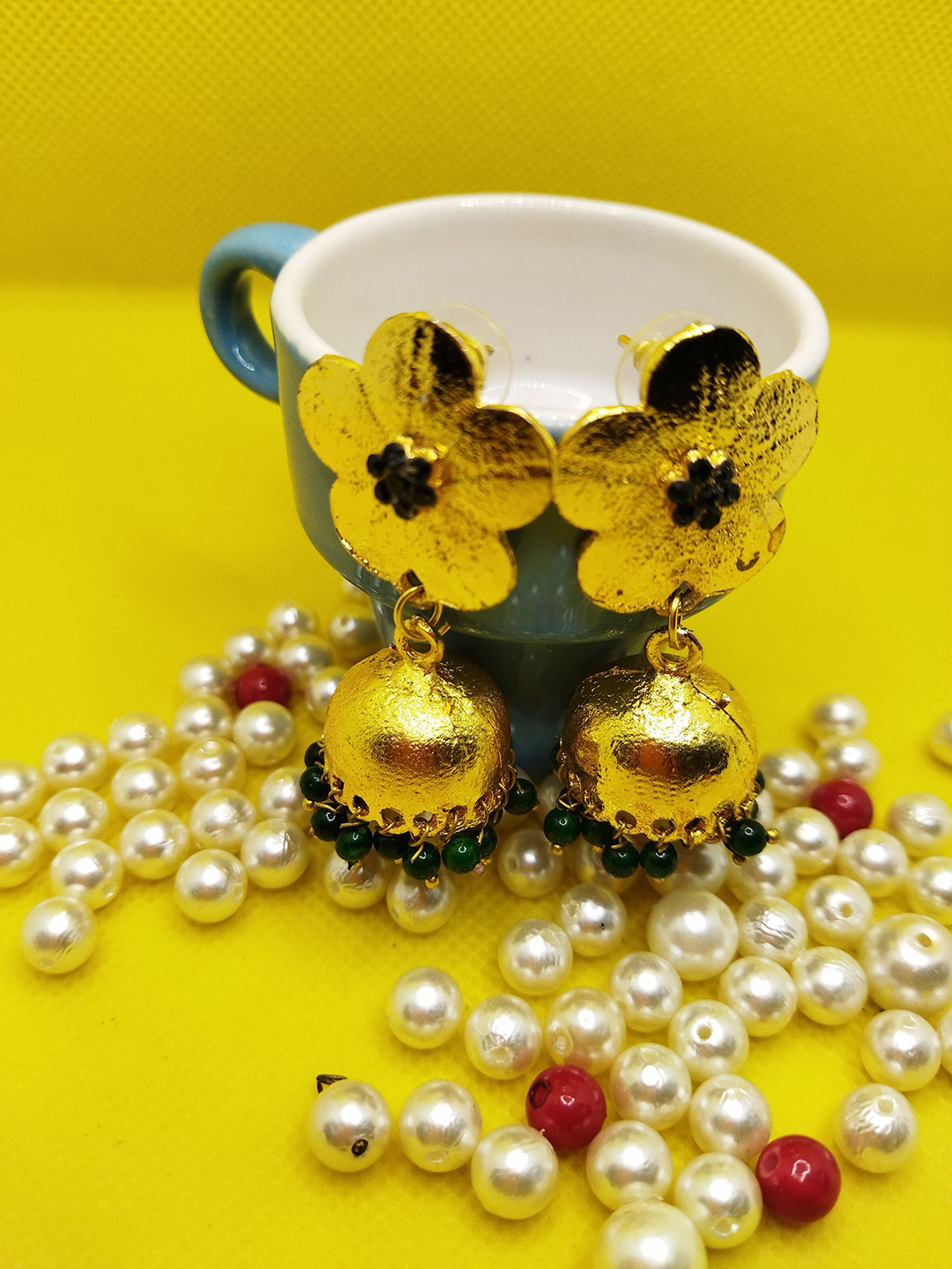 

Kshitij Jewels Women Gold-Toned & Green Circular Jhumkas Earrings