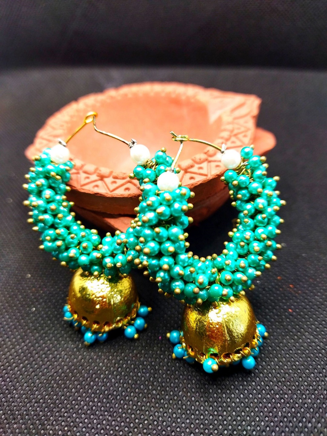 

Kshitij Jewels Turquoise Blue & Gold-Plated Beaded Circular Hoop Earrings