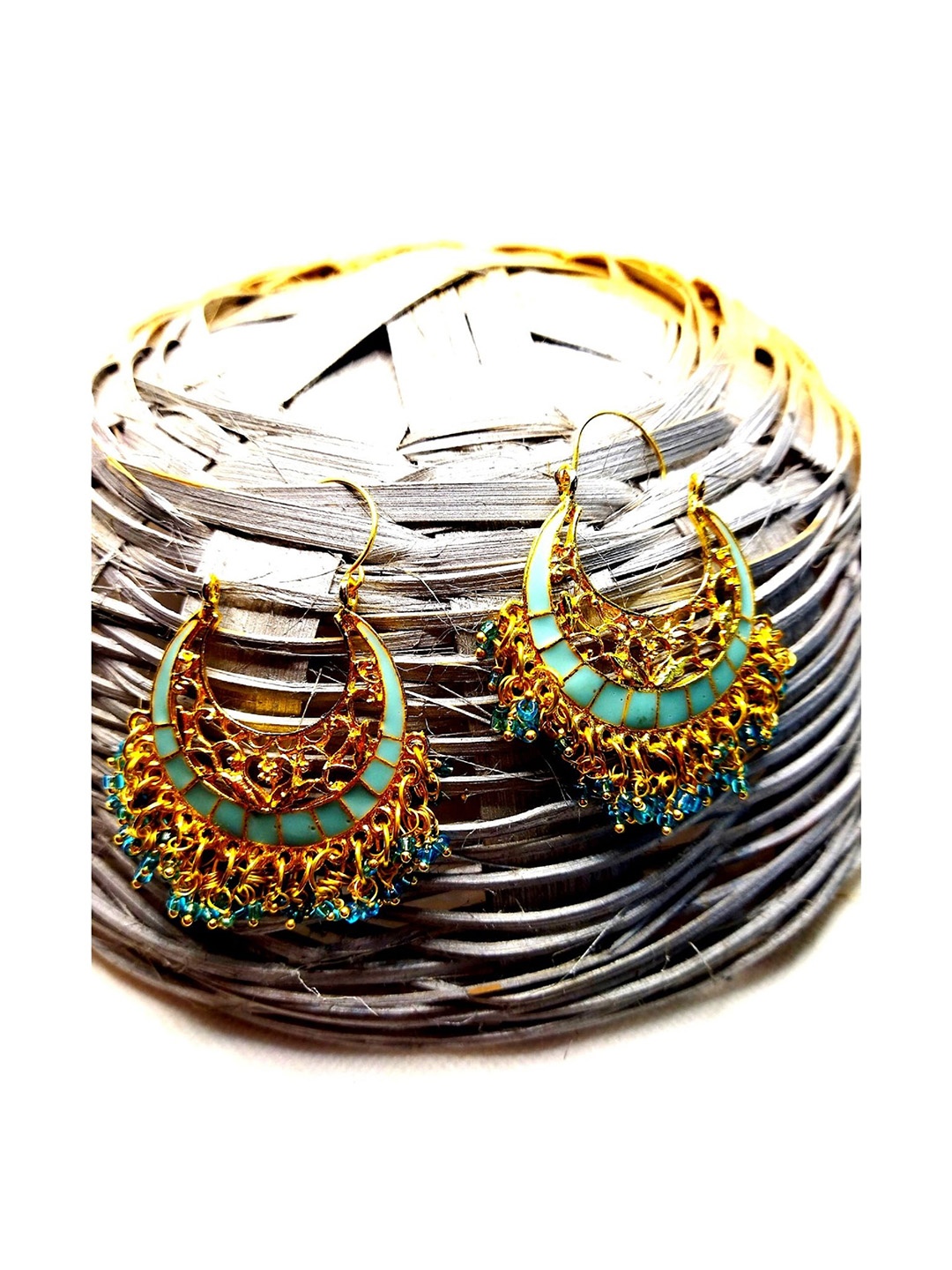 

Kshitij Jewels Turquoise Blue & Gold-Toned Circular Chandbalis Earrings