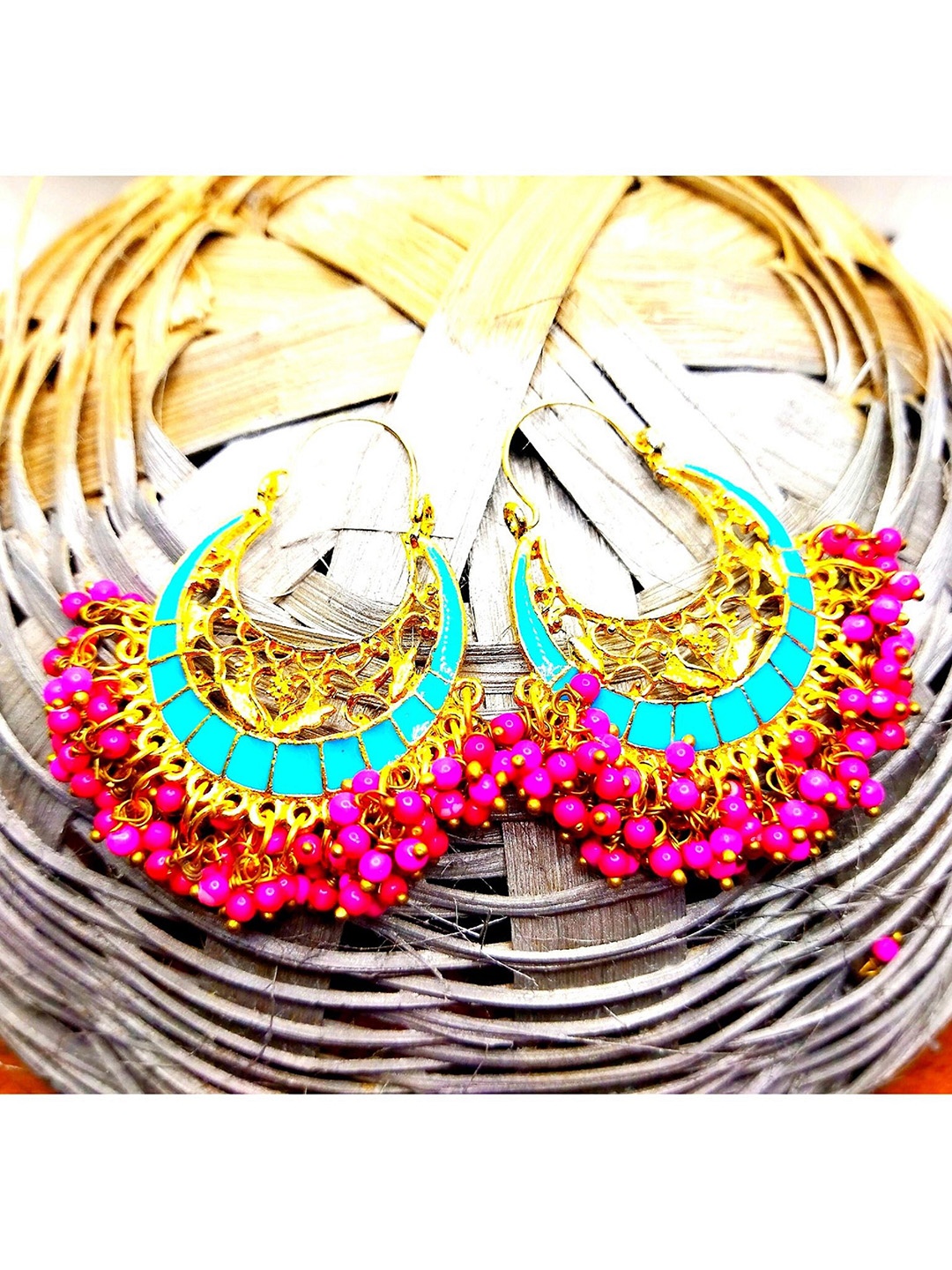 

Kshitij Jewels Women Gold-Plated & Turquoise Blue Circular Chandbalis Earrings